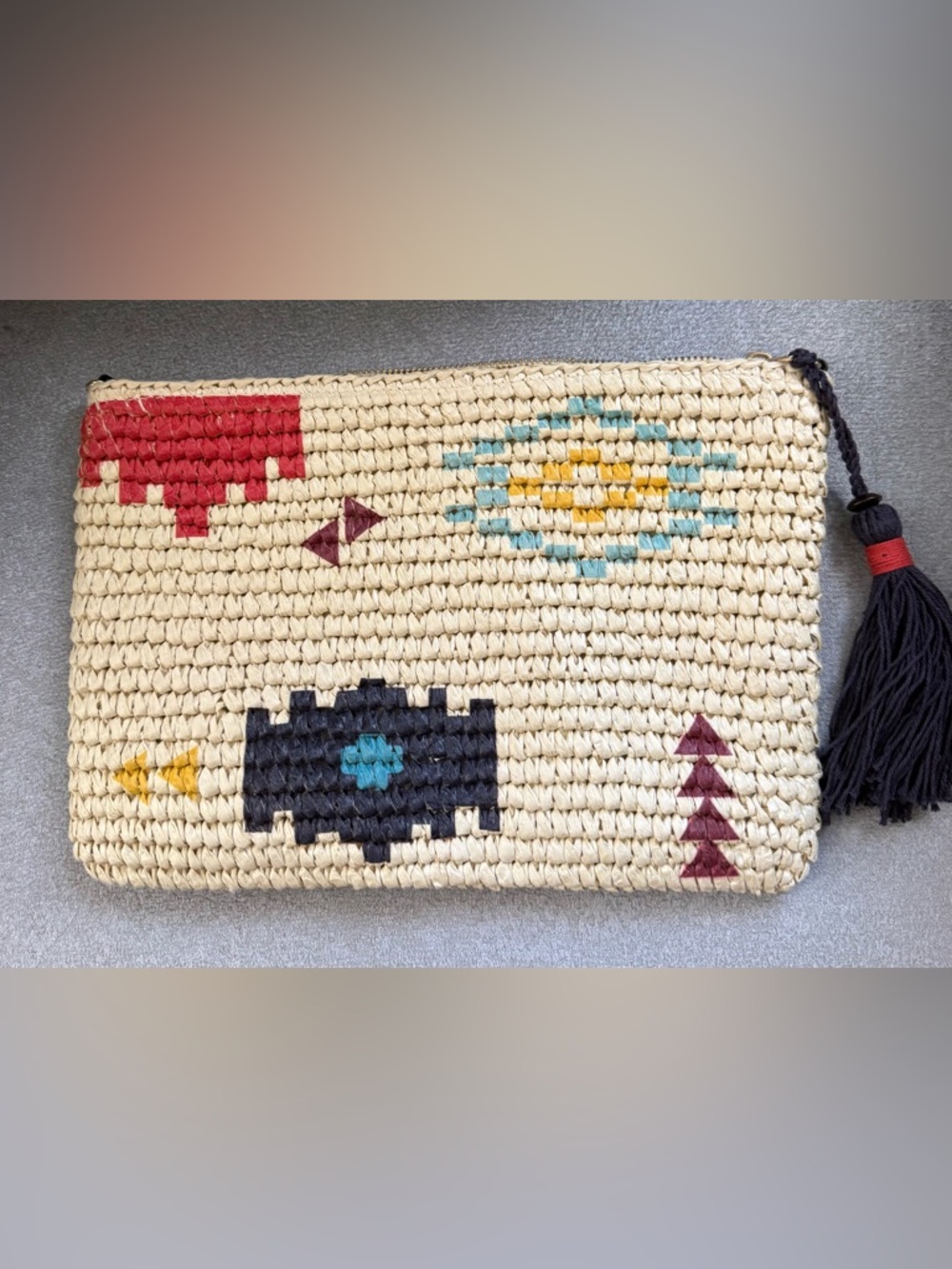 Handwoven Cream Woven Clutch with Multicolor Geometric Accents